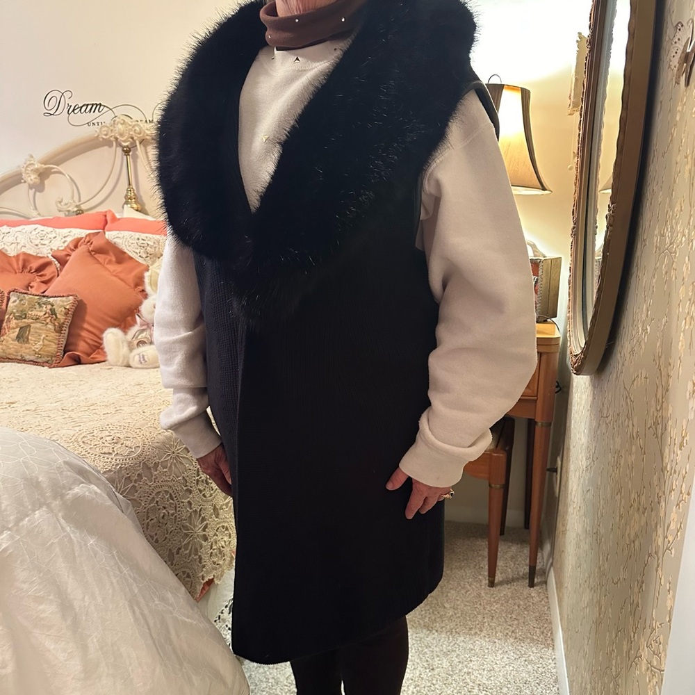 Black Talbots long vest withh Real Fox collar … Arms trimmed with leather